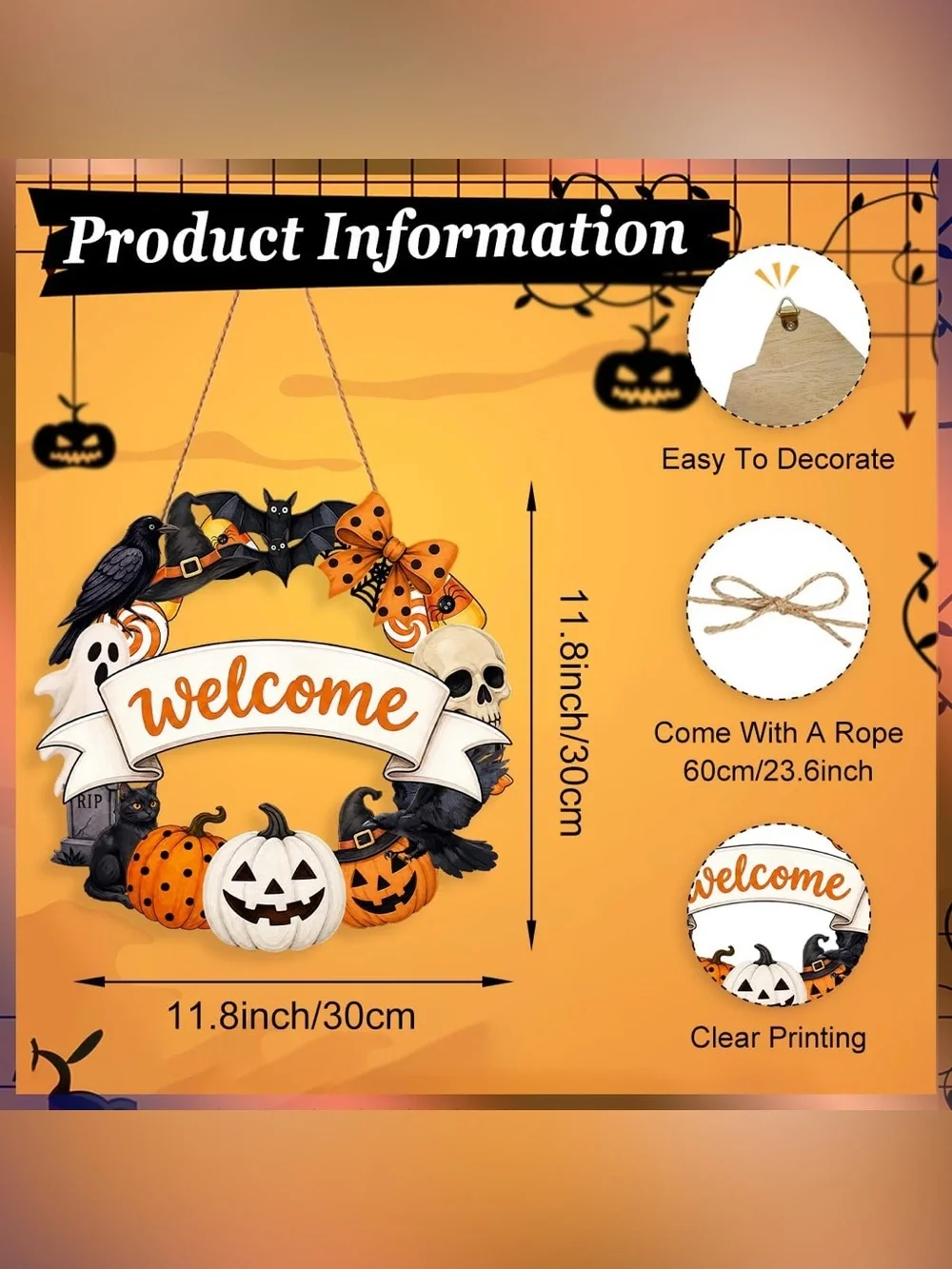 Halloween Welcome Wreath Door Hanging - Orange, Black & White